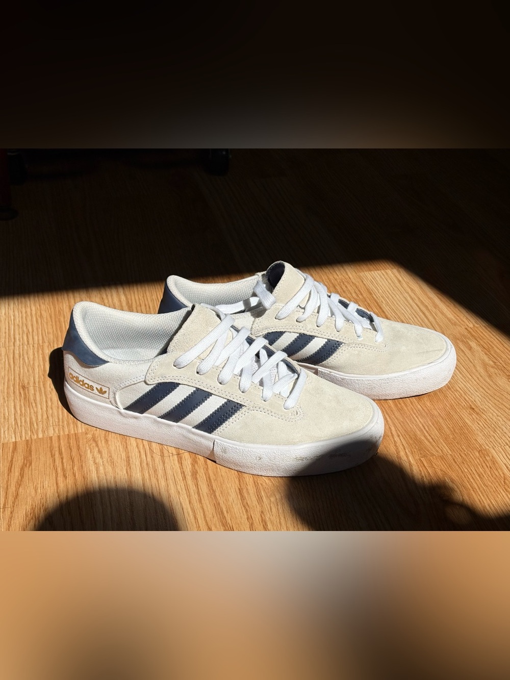Adidas Men's Suede Skate Sneakers in Off-White with Navy Stripes